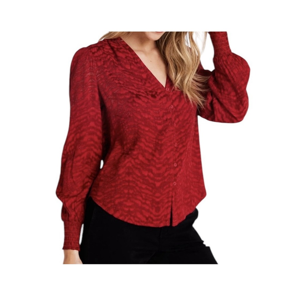 Bella Dahl Top Womens Small Red Collarless Long Sleeve Blouse Career Formal